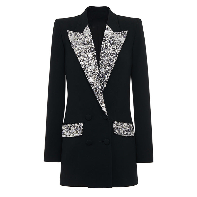 Elegant Tailored Long Blazer With Beaded Embellishments