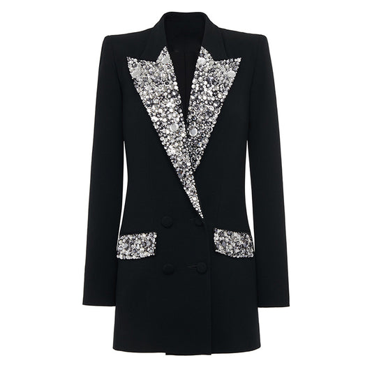 Elegant Tailored Long Blazer With Beaded Embellishments