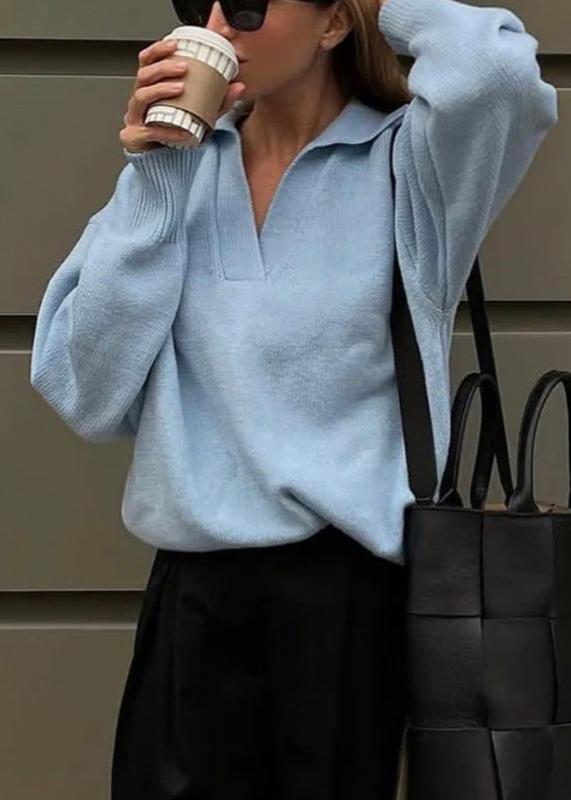 Blue Knit Pullover With Collar Detail Casual Style