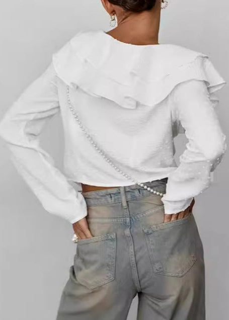 Ruffled Lace Up Blouse In White Cotton