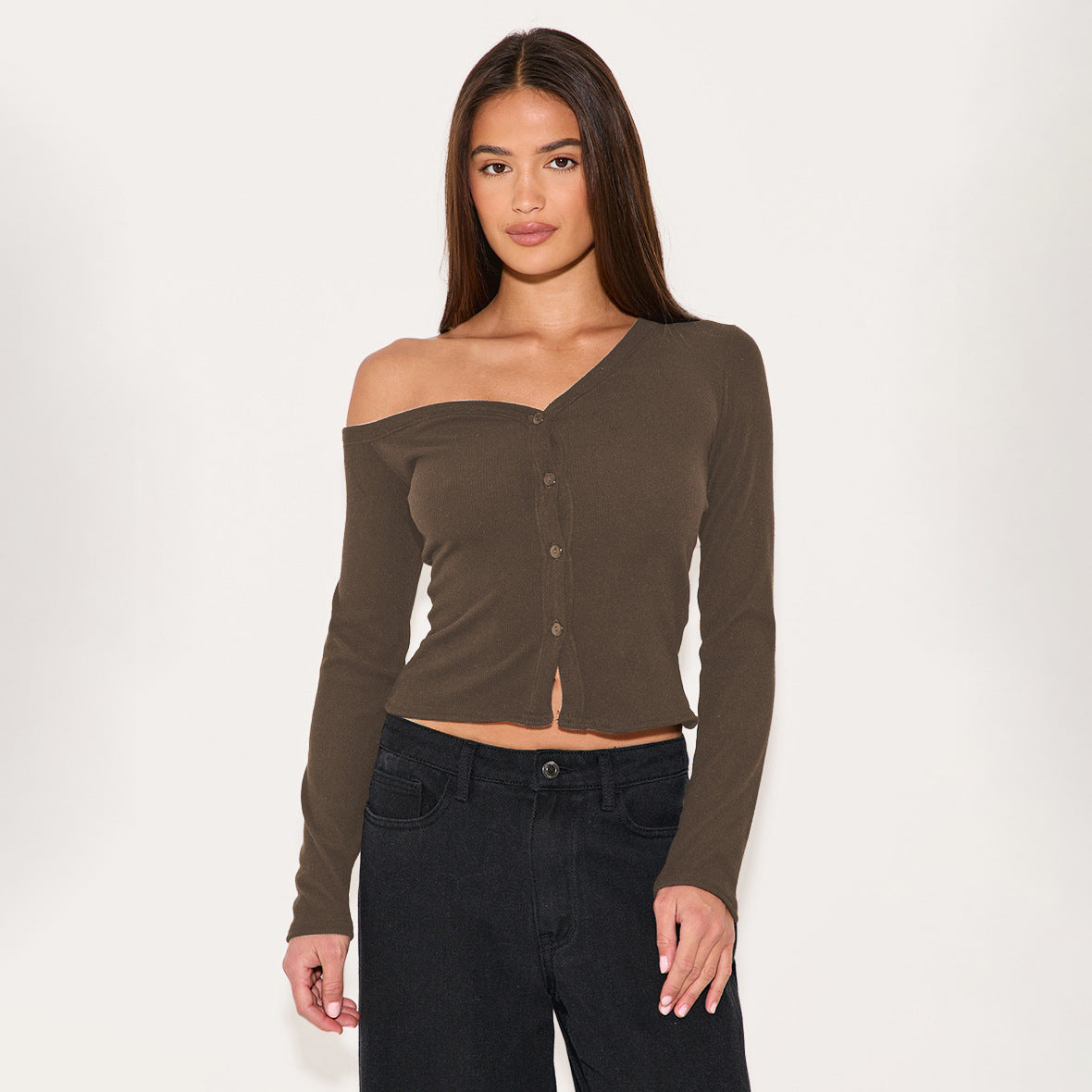 Asymmetrical Neck Long Sleeve Button Knit Cardigan T-Shirt