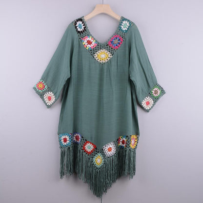 New Off The Shoulder Half Sleeve Hook Pattern Stitching Irregular Tassel Beach Cover Up Shirt Ethnic Style Dress
