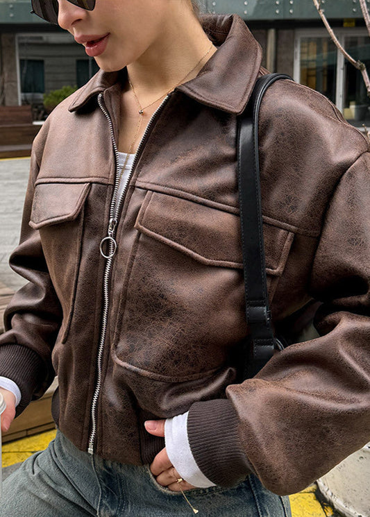 Distressed Faux Leather Zip Jacket With Utility Pockets