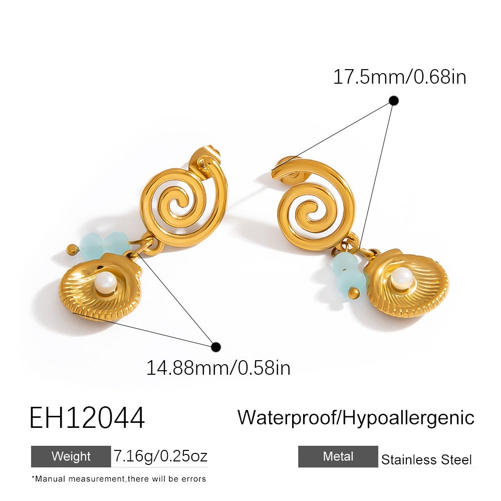Ocean-Inspired Pearl Shell Pendant Earrings 18K Gold Titanium Steel