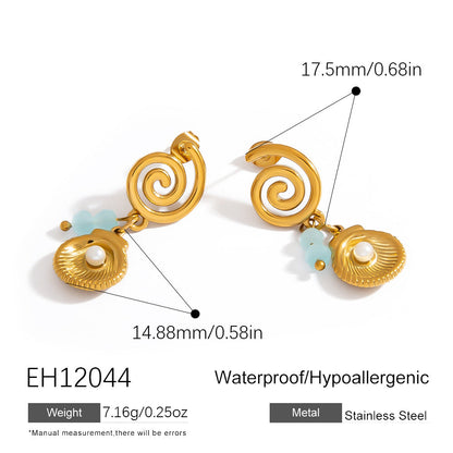 Ocean-Inspired Pearl Shell Pendant Earrings 18K Gold Titanium Steel