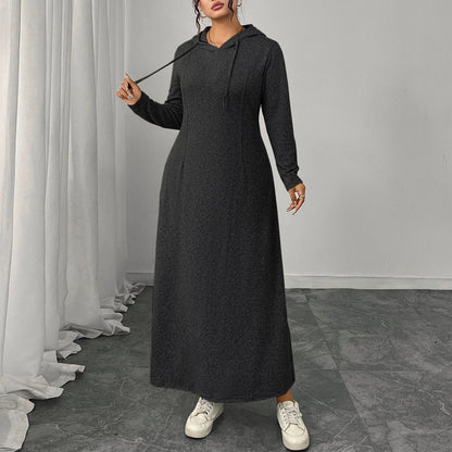 Hooded Gray Dress Elegant Long Sleeve A-Line Dress