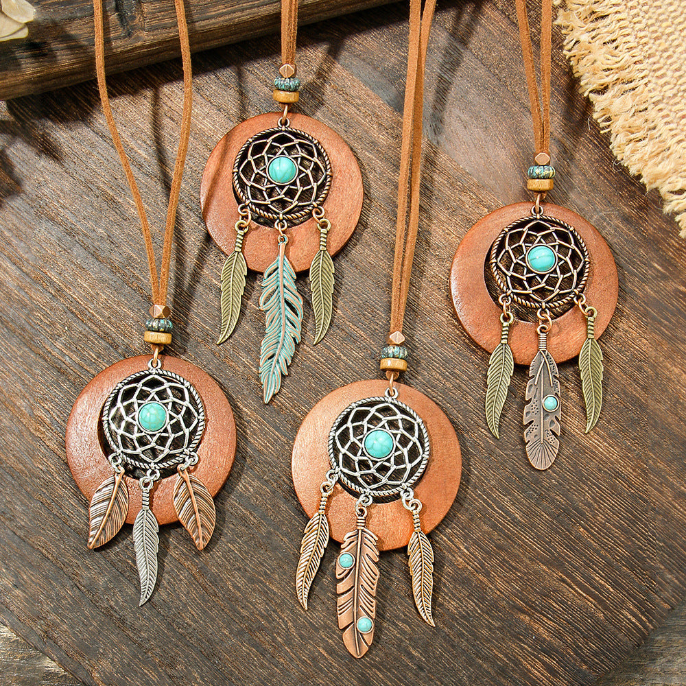 Bohemian Vintage Alloy Pendant Necklace With Spider Web Dreamcatcher