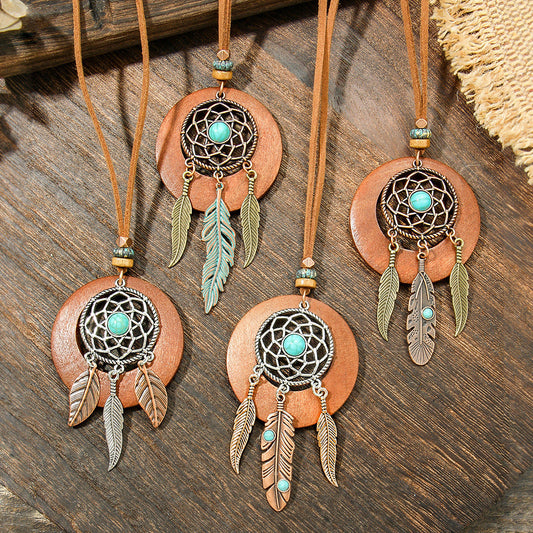 Bohemian Vintage Alloy Pendant Necklace With Spider Web Dreamcatcher
