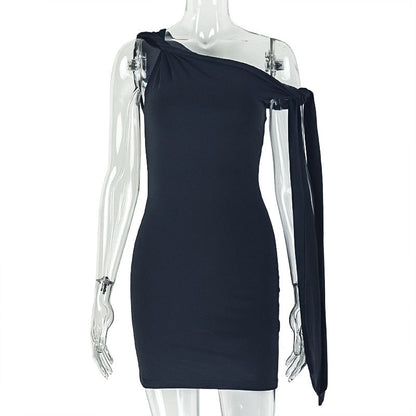 Elegant Slim-Fit Solid Color Dress With Asymmetric Neckline
