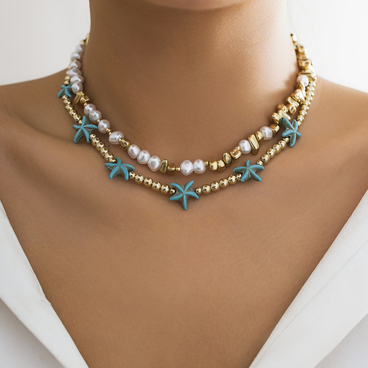 Ocean Breeze Bead Necklace With Starfish And Shell Design