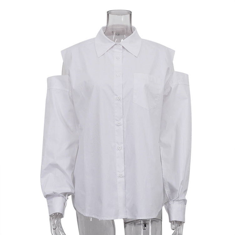 Chic White Long Sleeve Button-Up Shirt With Cold Shoulder