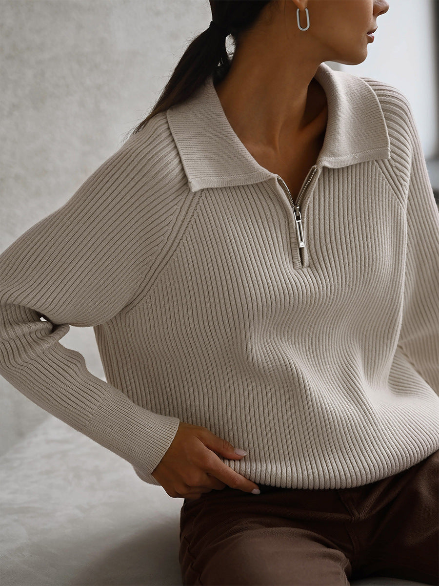Solid Color Zipper Sweater Loose Knit Sweater