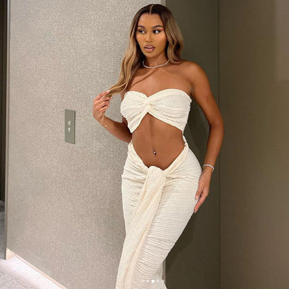 Sexy Lace Strapless Top And High-Waisted Maxi Skirt Set
