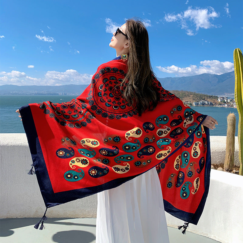 New Cotton And Hemp Feel Large Scarf Red Ethnic Tourism Beach Scarf With Dual Use Air Conditioning Room Shawl