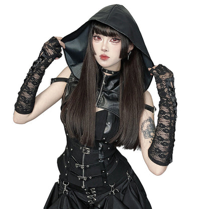 Cyber Leather Hooded Crop Top Gothic Streetwear