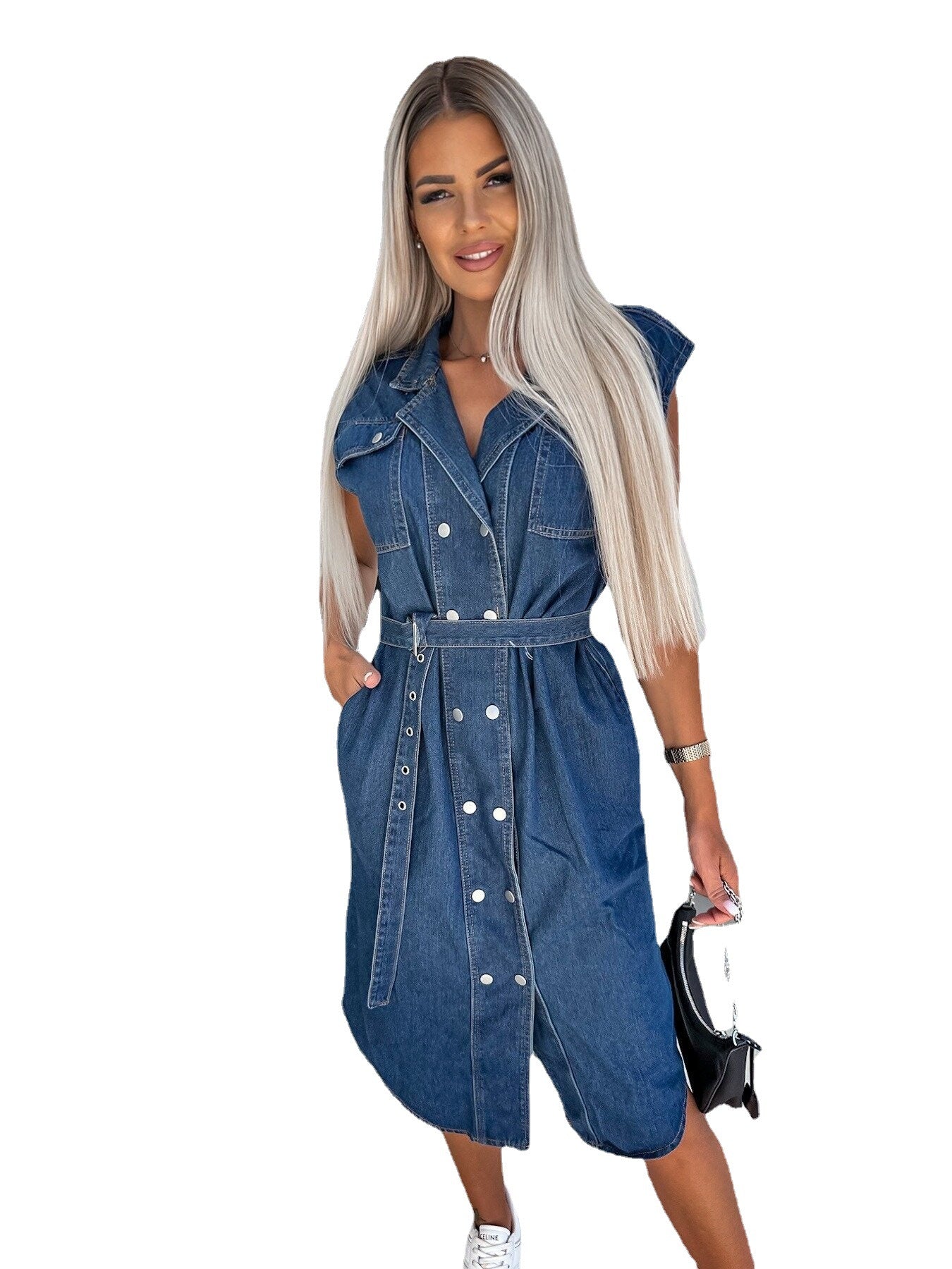 Casual Sleeveless Denim Dress with Polo Collar and Waist Tie