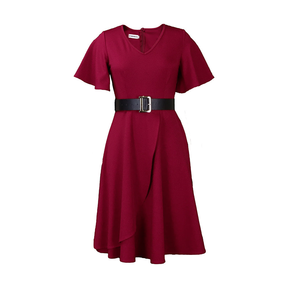 Solid Color A-Line Dress With Flared Sleeves