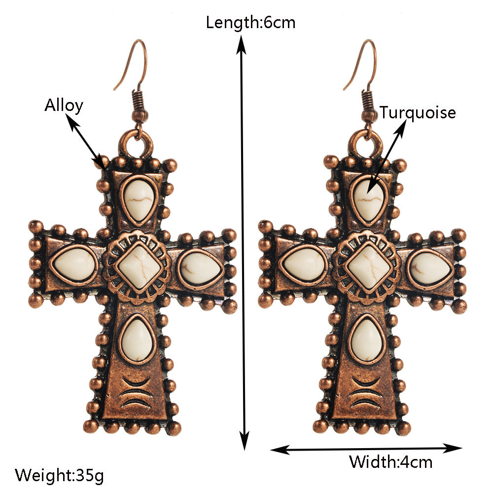 Retro Western Style Turquoise Cross Drop Earrings