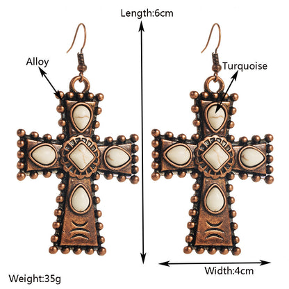 Retro Western Style Turquoise Cross Drop Earrings