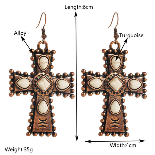 Retro Western Style Turquoise Cross Drop Earrings