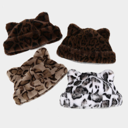 Retro Fluffy Leopard Cat Ears Warm Beanie Cap
