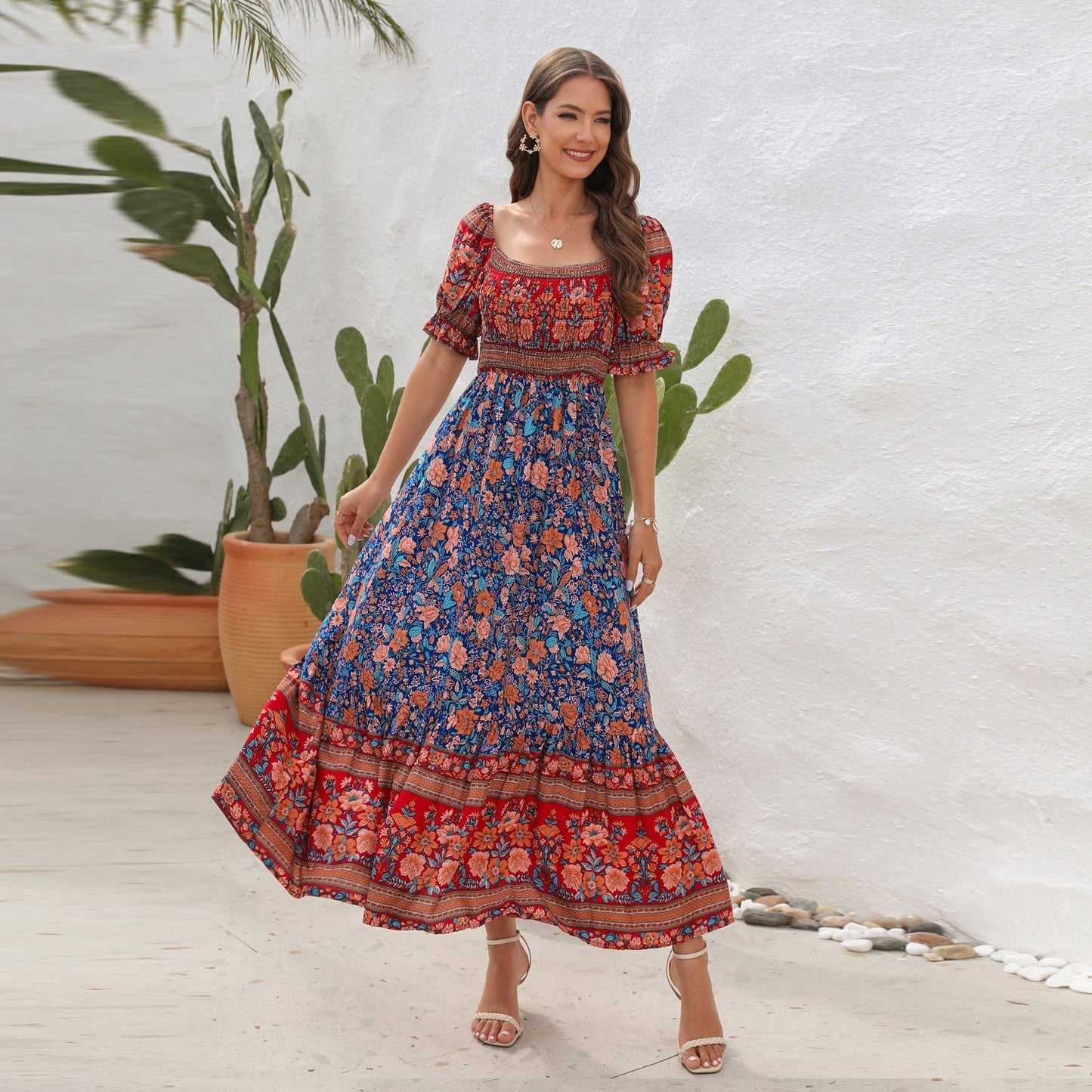 Bohemian Beach Resort Dress One Shoulder Puff Sleeve Midi Dress