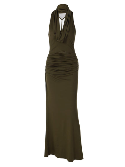 Elegant Backless Ruched Maxi Dress in Black and Burgundy