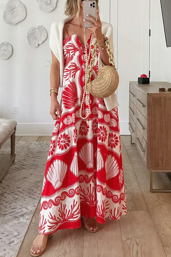 Elegant Floral Print Polyester Maxi Dress with V-Neck
