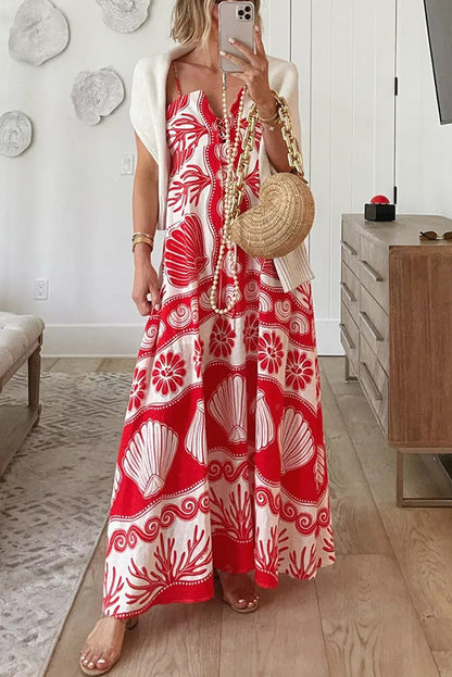 Elegant Floral Print Polyester Maxi Dress with V-Neck