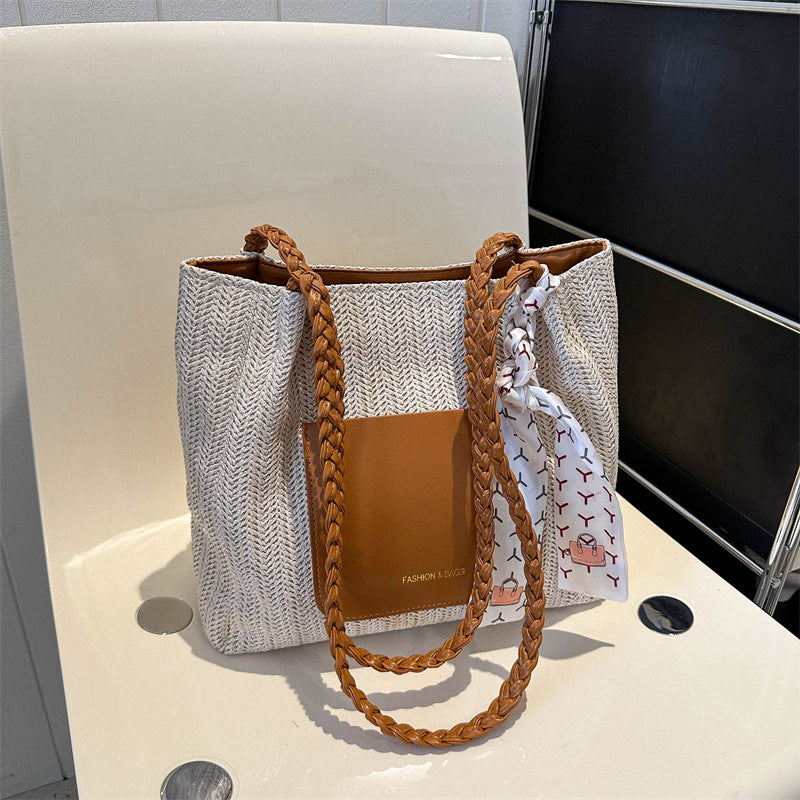 Woven Straw Tote Bag Stylish Casual Large Capacity Shoulder Bag