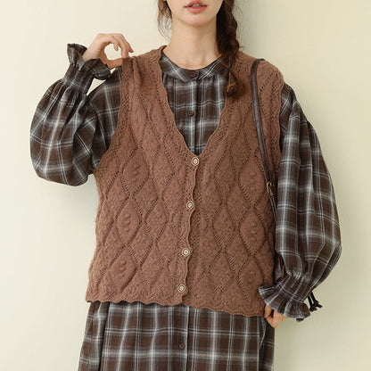 Casual V-Neck Button-Up Knit Vest Loose Fit for Women