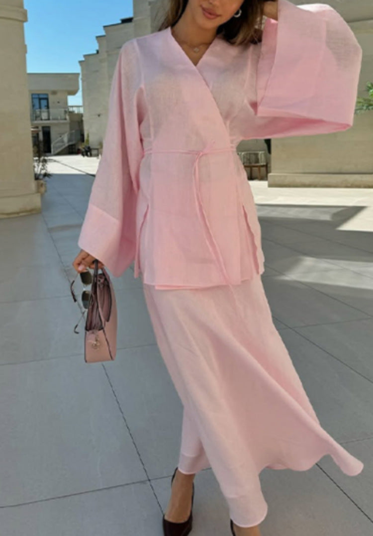 Trendy Casual Long Sleeve Dress Set With Ties