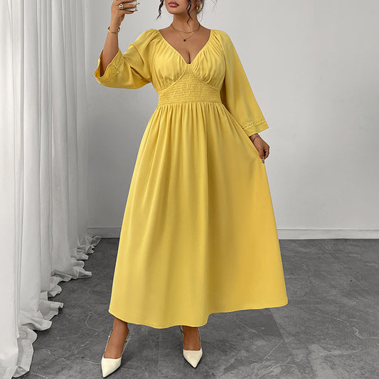 Yellow Deep V-Neck Dress Elegant High-Waisted Gown