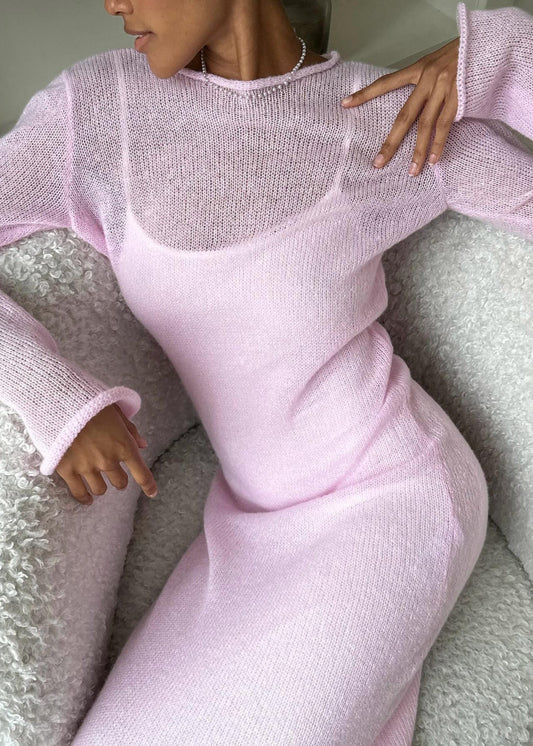 Sheer Knit Layered Maxi Dress Soft Pink