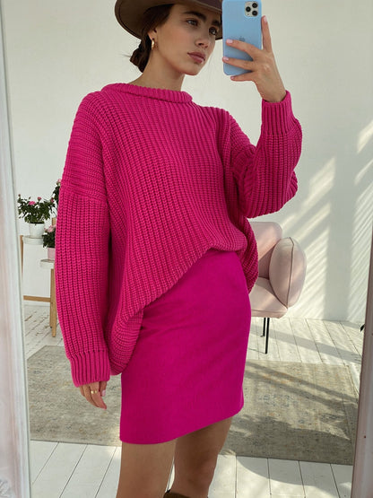 Women'S Sweater Loose Candy Color Round Neck Sweater