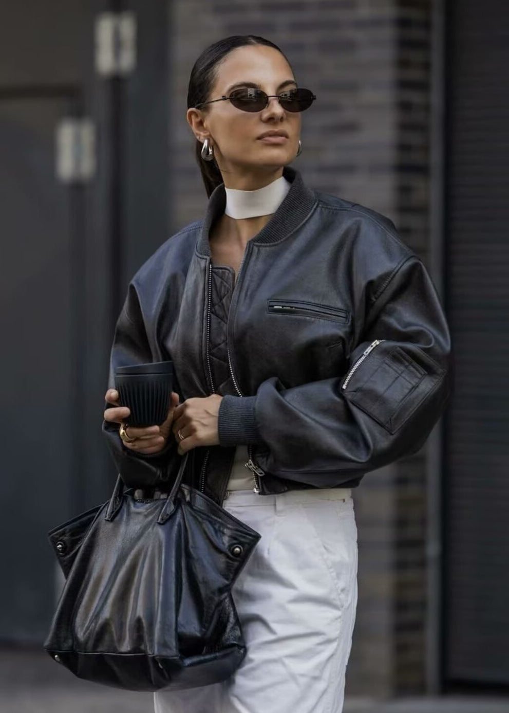 Cropped Faux Leather Bomber Jacket Black