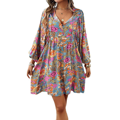 Bohemian Floral Long Sleeve Dress in Polyester Casual V-Neck