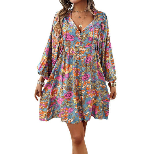 Bohemian Floral Long Sleeve Dress in Polyester Casual V-Neck