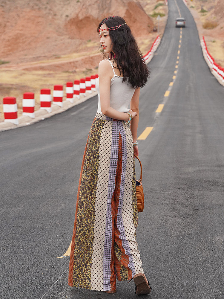 Bohemian Ethnic Wind And Snow Spinning Split Wide Leg Vacation Beach Pants Summer High Waisted Pants
