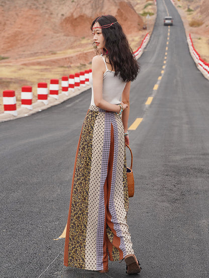 Bohemian Ethnic Wind And Snow Spinning Split Wide Leg Vacation Beach Pants Summer High Waisted Pants