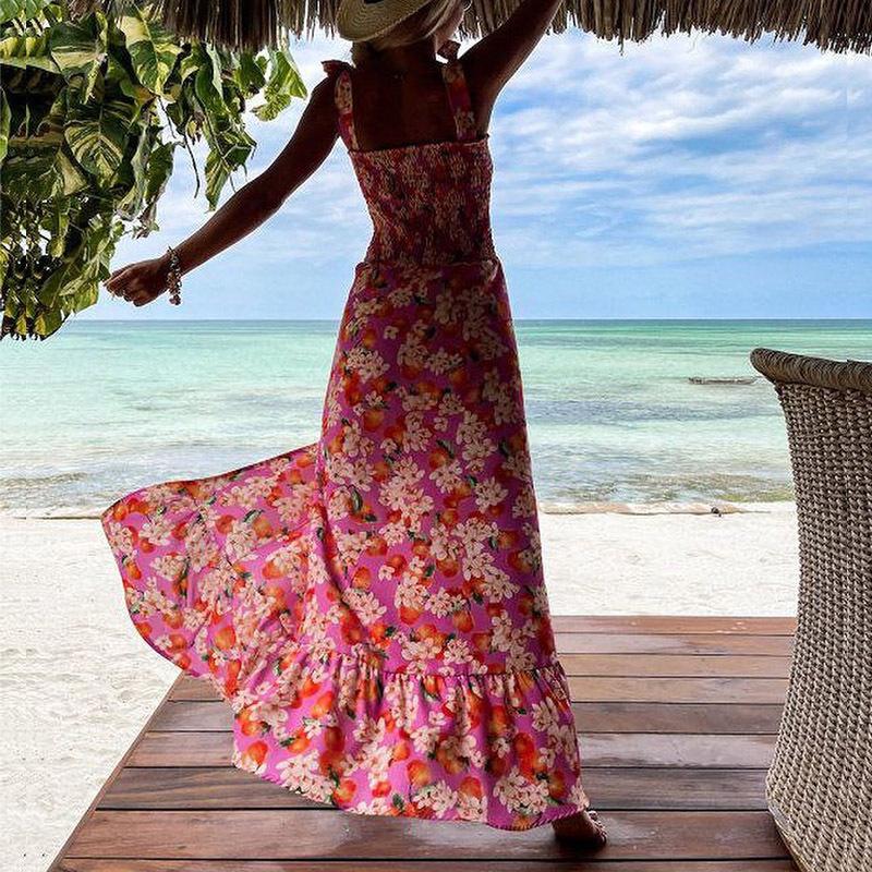 Sexy Printed Suspender Party Diagonal Collar Bow Split Sleeveless Ruffle Dress