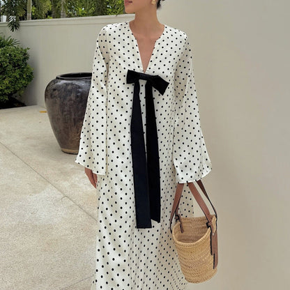 French Bow V-Neck Long Sleeve Dress Elegant Polka Dot Maxi Dress