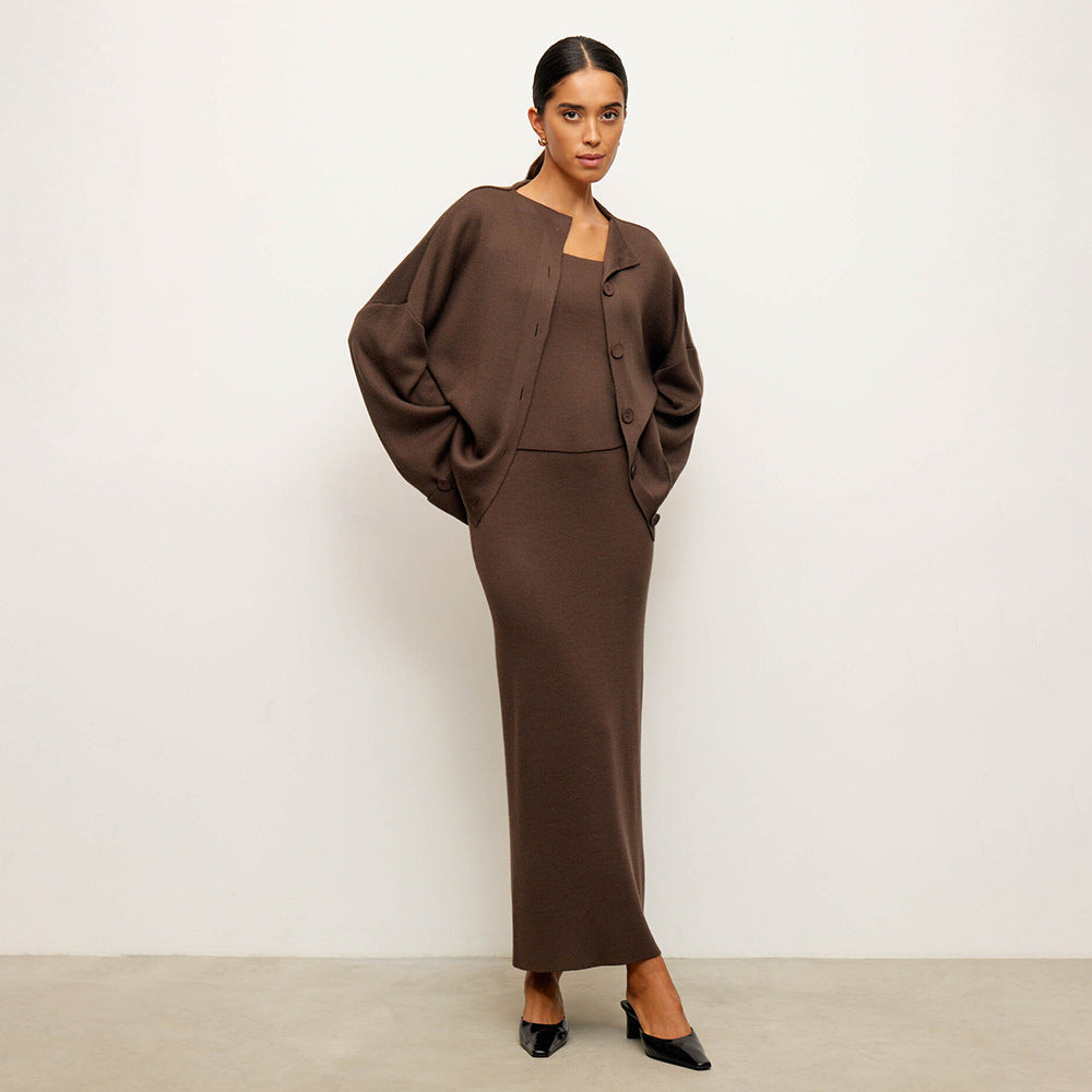 Knitted Long Sleeve Cardigan Set With Camisole And Skirt