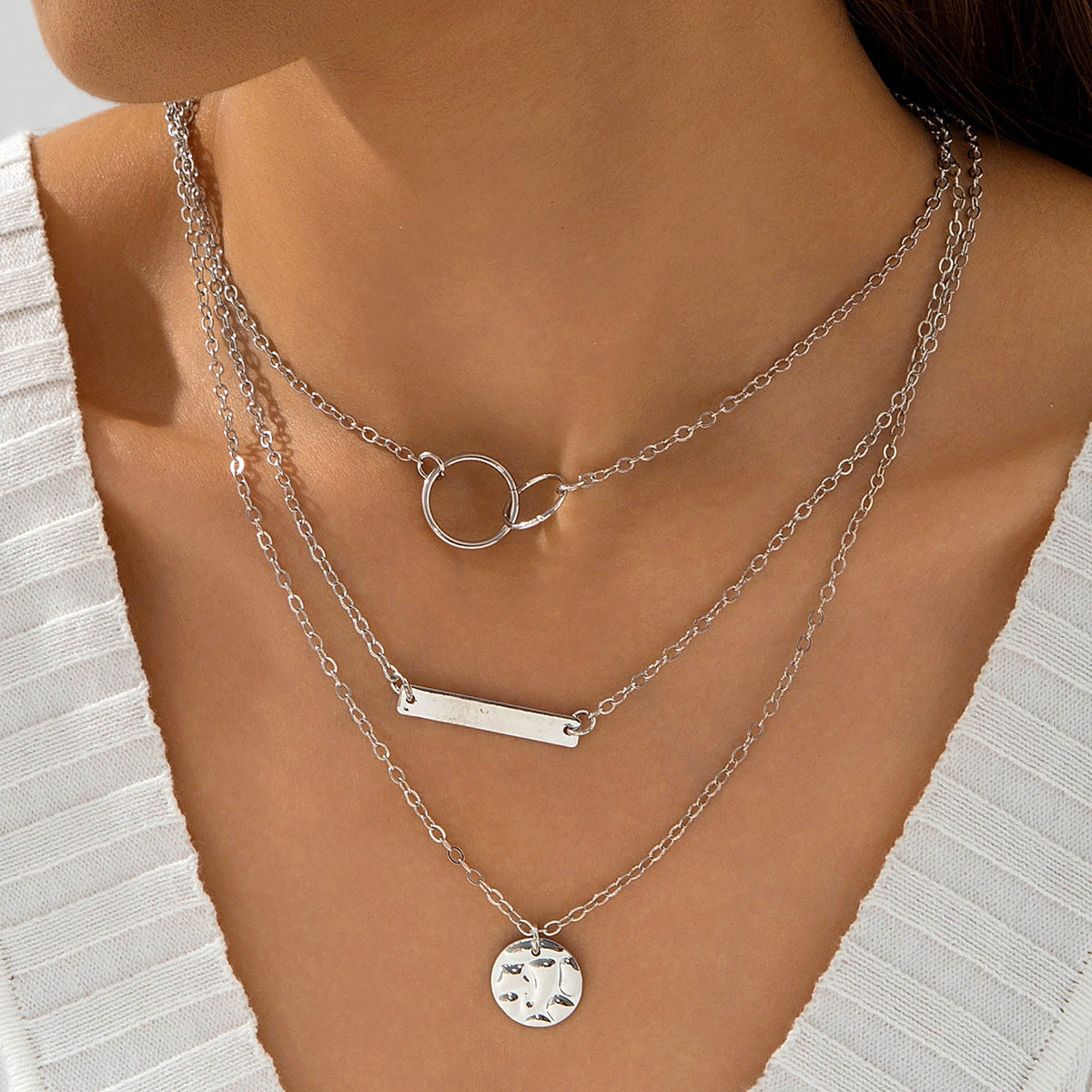 Geometric Layered Necklace With Tassel Pendant For Women