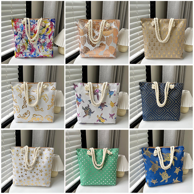 Large Capacity Linen Tote Bag with Dual-Sided Gold Foil Design