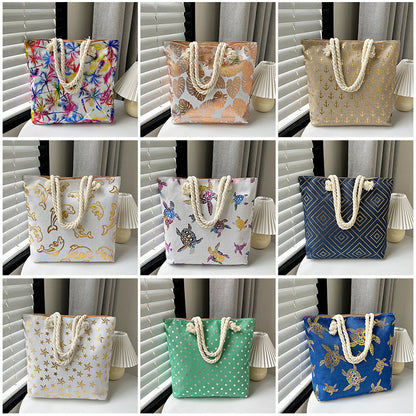 Large Capacity Linen Tote Bag with Dual-Sided Gold Foil Design