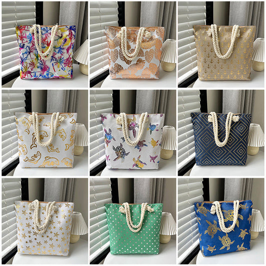 Large Capacity Linen Tote Bag with Dual-Sided Gold Foil Design
