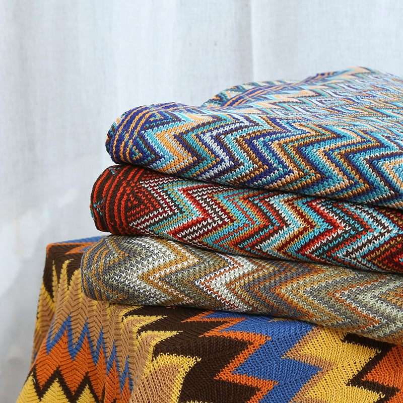 Boho Tassel Knit Color Block Throw Blanket