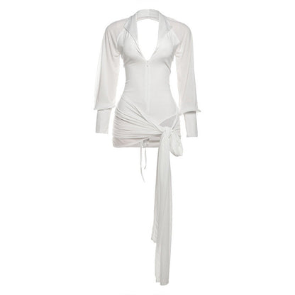 Backless Tie-Front Long Sleeve Mini Dress In White