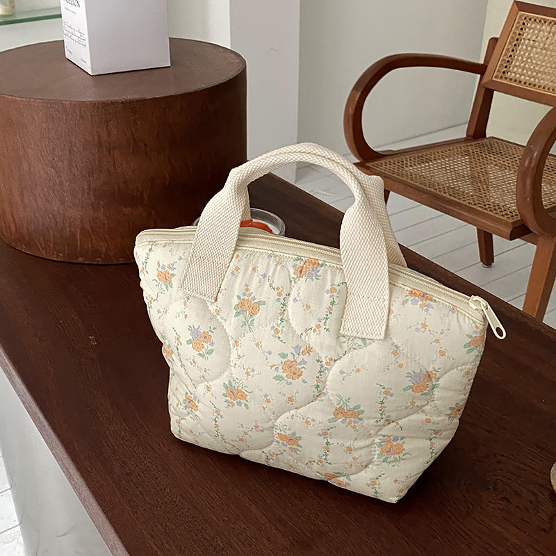 Quilted Insulated Lunch Bag Floral Design Cotton Tote